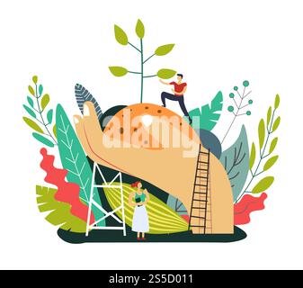 Ground and soil in hands of human leaves vector. Person standing on soil touching growing plant tree with foliage. Woman and man caring for nature, people male and female concerned about ecology issue. Ground and soil in hands of human leaves vector Stock Vector