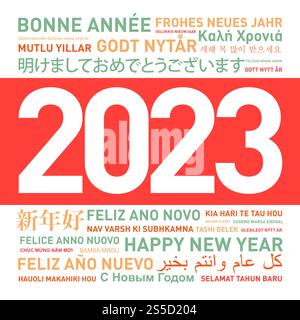 Happy new year 2023 card from the world in different languages. Happy new year card from the world Stock Photo