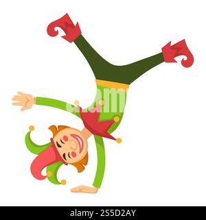 Clowns or jester harlequin in circus amusing or posing upside down head over heels. Vector cartoon character icon of jester clown in bright costume and cap with bells for kid design. Clown jester in circus amusing upside down vector cartoon character isolated icon Stock Vector