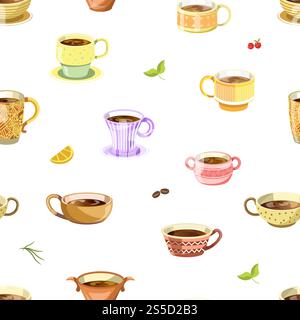 Coffee or tea poured in cup seamless pattern vector. Hot beverage, mint and candies, cocoa beans and orange slice. Mug with drink, cherry berry with leaves. Cafeteria with americano and latte. Coffee or tea poured in cup seamless pattern vector Stock Vector