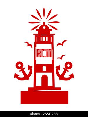 Composition of marine symbols in red color logotype. Tall striped beacon with light on top, small anchors and seagulls silhouettes isolated cartoon flat vector illustration on white background.. Composition of marine symbols in red color logotype Stock Vector
