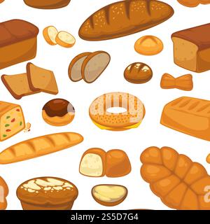 Bakery products buns and bread seamless pattern vector. Traditional baked meal, food made of wheat, organic nutritious loaves, slices and donut with chocolate topping. Culinary art and croissants. Bakery products buns and bread seamless pattern vector. Stock Vector