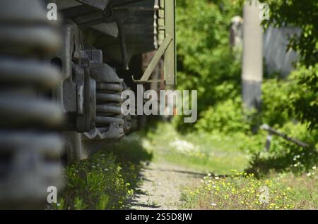 Landscape with a freight train. Railway carriage in spring season Stock Photo