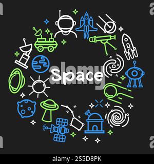 Space themed outline icons in neon colors set. Spaceman in helmet, big spaceship, cosmic satellites and foreign planets bright sketches isolated cartoon flat vector illustration on dark background.. Space themed outline icons in neon colors set Stock Vector