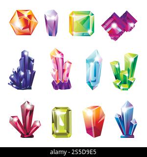 Shiny precious natural crystals of all shapes set. Uncut expensive stones in natural form of bright gradient colors. Big raw gems isolated cartoon flat vector illustrations on white background.. Shiny precious natural crystals of all shapes set Stock Vector