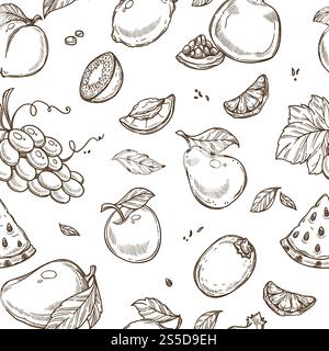 Fruits sketch pattern background. Vector seamless design of apple, tropical mango and exotic papaya or grape and kiwi with lemon or garnet and orange. Fruits sketch pattern background. Vector seamless design Stock Vector