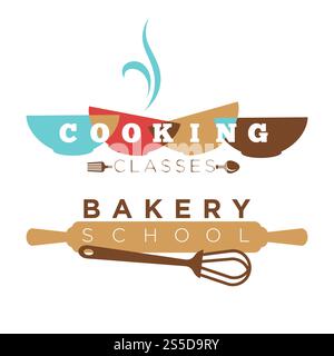Bakery school or cooking classes logo template. Vector flat icon of baker rolling pin and whisk, bowl plates and cutlery fork or spoon and knife for chef cooking masterclass. Bakery school or cooking classes vector icon Stock Vector