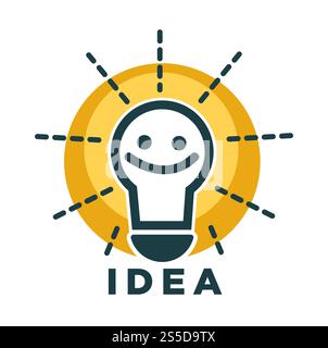 Idea lamp or light bulb with smile face icon or logo template. Vector flat isolated idea lamp with and sun shine for creative thinking and brainstorming. Idea lamp or light bulb with smile face vecor icon Stock Vector