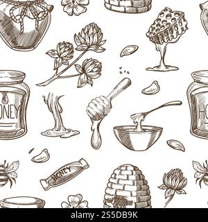 Honey beekeeping sketch pattern background. Vector seamless honey jars and bees hive in honeycomb, dipper spoon and clover flowers. Honey beekeeping vector sketch pattern background Stock Vector