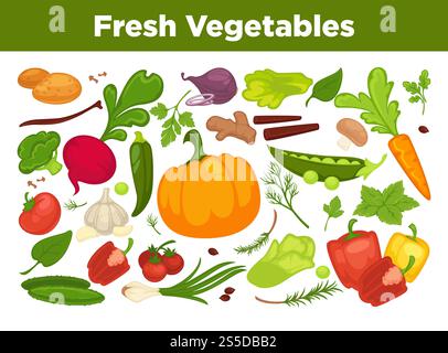 Fresh vegetables advertisement with organic healthy vegetarian products and greenery from farm full of vitamins isolated cartoon flat vector illustrations with sample text on white background.. Fresh vegetables advertisement with organic healthy vegetarian products and greenery from farm full of vitamins Stock Vector
