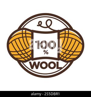 Wool clew for 100 percent textile label or knitwear and knitted clothing label tag. Vector isolated icon of wool yarn. Wool clew vector label 100 percent natural Stock Vector