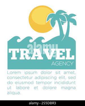 Travel agency promo banner with palms and sea silhouette under bright yellow sun. Journey and trip arrangement service commercial poster with sample text cartoon flat vector illustration on white.. Travel agency promo banner with palms and sea silhouette Stock Vector