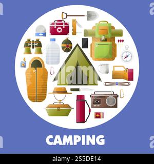 Camping equipment for hiking lovers inside circle. Waterproof tent, sleeping bag, huge rucksack, first aid kit, portable dishware, military pair of binoculars and old radio set vector illustrations.. Camping equipment for hiking lovers inside circle poster Stock Vector