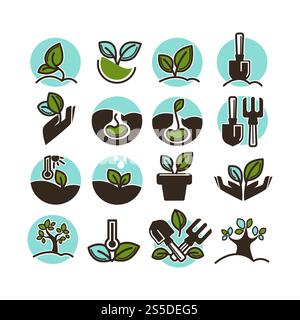 Gardening, agriculture and horticulture vector icons and logo templates of plant and tree green leaf for gardener farming. Plant vector icons for gardening and agriculture Stock Vector