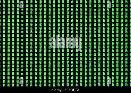 Macro shot of a glitch on the monitor of an office computer. The concept of introducing a virus into a personal data keeper. Stream of random green Stock Photo