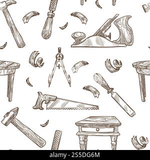 Carpentry tools pattern background. Vector seamless sketch of woodwork plane grinder or saw and hammer with nails, wood table shavings and carpenter chisel. Carpentry tools vector pattern background Stock Vector