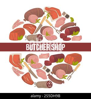 Butcher shop promo poster with meat and sausages. Nutritious natural food of animal origin full of proteins with sharp cutlery in big circle isolated cartoon vector illustration on white background.. Butcher shop promo poster with meat and sausages Stock Vector