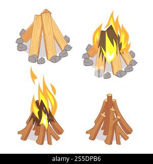 Cartoon character wooden logs and campfire isolated on white background. Illustration of campfire and firewood, camping bonfire. Cartoon character wooden logs and campfire isolated on white background Stock Vector