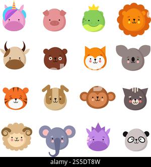 Cute animals faces. Dog and cat, cow and fox, unicorn and panda. Animal kid emoji. Kawaii zoo vector collection of sheep and monkey, cat and tiger, koala and bear illustration. Cute animals faces. Dog and cat, cow and fox, unicorn and panda. Animal kid emoji. Kawaii zoo vector collection Stock Vector