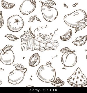 Fruits sketch pattern background. Vector seamless design of apple, tropical mango and exotic papaya or grape and kiwi with lemon or garnet and orange. Fruits sketch vector seamless pattern background Stock Vector