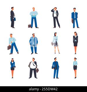 Businessman and businesswoman of office managers icons. Vector isolated business people boss or man and woman in office clothing with document files or paper bags. Businessman and businesswoman vector icons Stock Vector