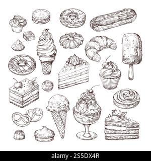 Sketch dessert. Cake, pastry and ice cream, apple strudel and muffin in vintage engraving style. Hand drawn fruit desserts vector set. Illustration of cake with cream, dessert sketch, pastry sweet. Sketch dessert. Cake, pastry and ice cream, apple strudel and muffin in vintage engraving style. Hand drawn fruit desserts vector set Stock Vector