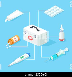 First aid kit tools vector isometric concept. Isometric first aid kit 3d for health care illustration. First aid kit tools vector isometric concept Stock Vector