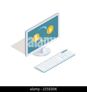 Exchange dollars for bitcoins online vector concept. Isometric 3d finance, internet banking illustration isolated on white with shadow. Exchange dollars for bitcoins online vector concept. Isometric finance, internet banking illustration Stock Vector
