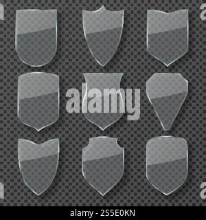 Glass safety shield. Transparent shiny protection shields. Guardian glass badges with refraction isolated vector set. Illustration of secure and safety glass shield. Glass safety shield. Transparent shiny protection shields. Guardian glass badges with refraction isolated vector set Stock Vector