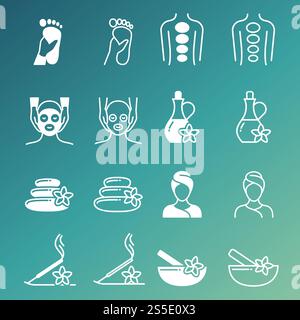 Line and outline massage and relaxing vector icons isolated on green background illustration. Line and outline massage and relaxing vector icons Stock Vector