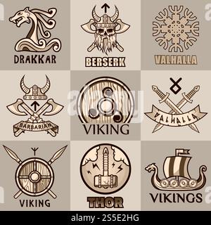 Viking symbols logo templates. Vector wooden icons of Thor hammer and Odin Valhalla runes, Drakkar dragon head on war ship vessel with swords and shield of ancient Scandinavian mythology. Viking mythology symbols and vector icons Stock Vector