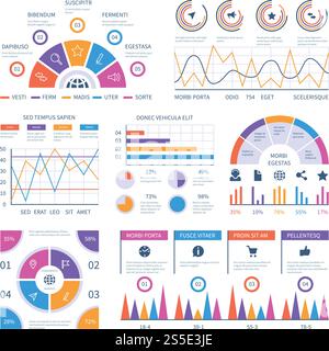 Infographic template. Dashboard, bar finance graphs, pie chart and line diagrams. Analytical vector infographics. Illustration of infographic and diagram, statistic flowchart and graph. Infographic template. Dashboard, bar finance graphs, pie chart and line diagrams. Analytical vector infographics Stock Vector