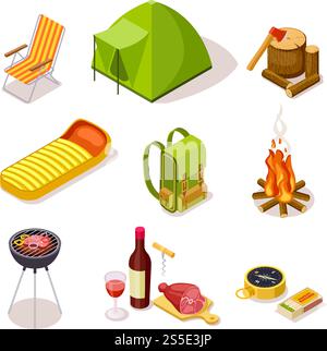 Isometric camping. Summer picnic with fireplace, tourism equipment and tent surrounded by forest trees. 3d vector isometric set. Illustration of 3d fire and equipment, fireplace in travel tourism. Isometric camping. Summer picnic with fireplace, tourism equipment and tent surrounded by forest trees. 3d vector isometric set Stock Vector