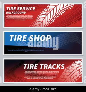 Tire tread tracks banners. Motorcycle, car and race bike dirty grunge road tire prints. Tread automobile, motor sport vector banner. Illustration of tire imprint and trail pattern. Tire tread tracks banners. Motorcycle, car and race bike dirty grunge road tire prints. Tread automobile, motor sport vector banner Stock Vector