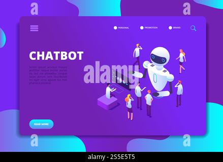 Chatbot isometric concept. Bot chatting with people. Artificial intelligence conversation future technology vector landing page. Development robot for support, virtual ai isometry illustration. Chatbot isometric concept. Bot chatting with people. Artificial intelligence conversation future technology vector landing page Stock Vector