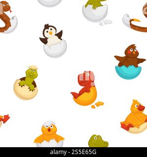 Animals born from eggs, eggshells and reptiles seamless pattern vector. Fluffy chicken, penguin and dragon, snake and alligator sitting in shell. Small newborn creatures , serpent and hen hatching. Animals born from eggs, eggshells and reptiles seamless pattern vector. Stock Vector
