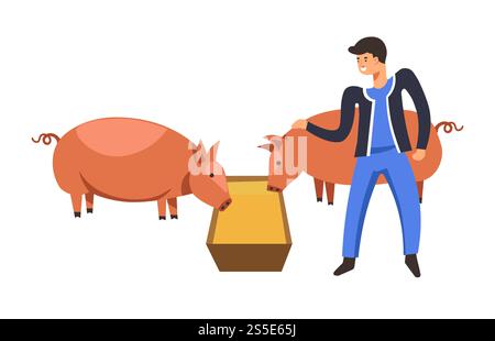 Farm animals, man farmer tending for pigs eating from container vector. Person breeding mammals giving meat pork, domestic swines, piglets hogs growing. Husbandry industry at rural place, piggery. Farm animals, man farmer tending for pigs eating Stock Vector