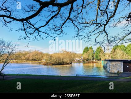 The boating lake, Corby, England, on a sunny winter day. Stock Photo