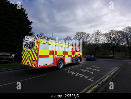 A fire engine of the Northants fire emergency service at the boating lake, Corby, England. Stock Photo