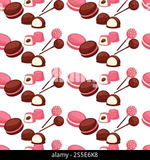 Bakery and cakes baked culinary products seamless pattern vector. Chocolate ingredients and topping, lollipop and cakes, candies with stuffing vanilla flour. Strawberry taste sweet food dessert. Bakery and cakes baked culinary products seamless pattern vector. Stock Vector