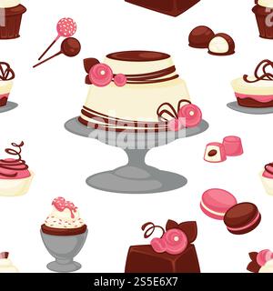 Bakery and cakes baked culinary products seamless pattern vector. Chocolate ingredients and topping, lollipop and cakes, candies with stuffing vanilla flour. Strawberry taste sweet food dessert. Bakery and cakes baked culinary products seamless pattern vector. Stock Vector
