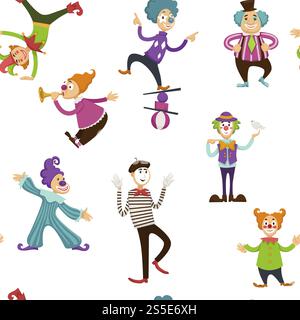Clown and mime entertaining people seamless pattern vector. Entertainment at celebration events and holidays. Person with make up wearing costume playing trumpet, ball games and balancing trick. Clown and mime entertaining people seamless pattern vector. Stock Vector