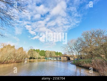 The boating lake, Corby, England, on a sunny winter day. Stock Photo