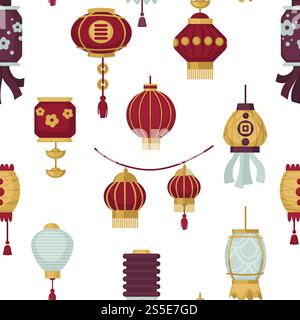 Lanterns of Eastern and Oriental style seamless pattern vector. Paper lamps with bulbs and decoration, ornaments lace and ribbons. Classic arabia decor, decorative light variety isolated design. Lanterns of Eastern and Oriental style seamless pattern vector. Stock Vector