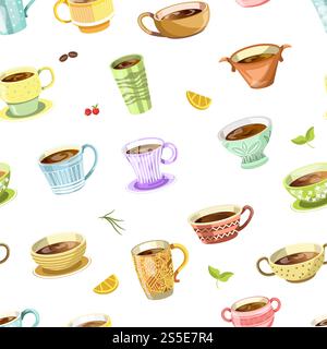 Coffee or tea poured in cup seamless pattern vector. Hot beverage, mint and candies, cocoa beans and orange slice. Mug with drink, cherry berry with leaves. Cafeteria with americano and latte. Coffee or tea poured in cup seamless pattern vector. Stock Vector