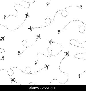 Airplane dotted flight line seamless pattern. Plane flying path. Travel concept vector wallpaper. Air plane, airplane pattern, seamless travel aircraft. Airplane dotted flight line seamless pattern. Plane flying path. Travel concept vector wallpaper Stock Vector