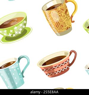 Coffee or tea poured in cup seamless pattern vector. Hot beverage, mint and candies, cocoa beans and orange slice. Mug with drink, cherry berry with leaves. Cafeteria with americano and latte. Coffee or tea poured in cup seamless pattern vector. Stock Vector
