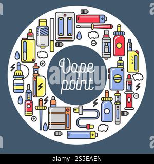 Vape products promotional poster with modern devices for smoking that produce steam with flavor and aroma isolated cartoon flat vector illustrations. Vape products promotional poster with modern devices Stock Vector