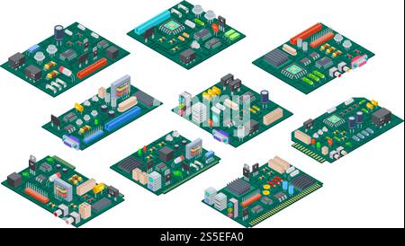 Circuit board isometric. Electronic computer components motherboard. Semiconductor microchip, diode. Hardware vector parts. Illustration of electronic motherboard and isometric processor and microchip. Circuit board isometric. Electronic computer components motherboard. Semiconductor microchip, diode. Hardware vector parts Stock Vector