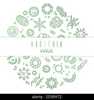 Outline vector microbes, viruses, bacteria, microorganism cells and primitive organism concept isolated on white. Illustration of microbe and virus, bacterium micro organism. Outline vector microbes, viruses, bacteria, microorganism cells and primitive organism concept Stock Vector